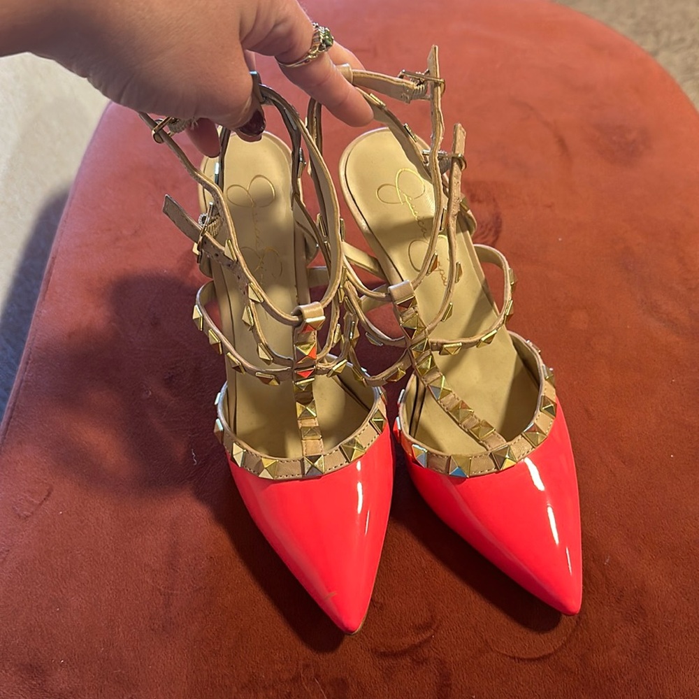 Lightly used pink and tan rockstud heel